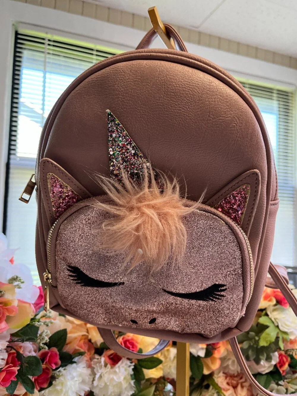 Pink Glitter Unicorn Mini Backpack Adjustable Straps Faux Fur Mane